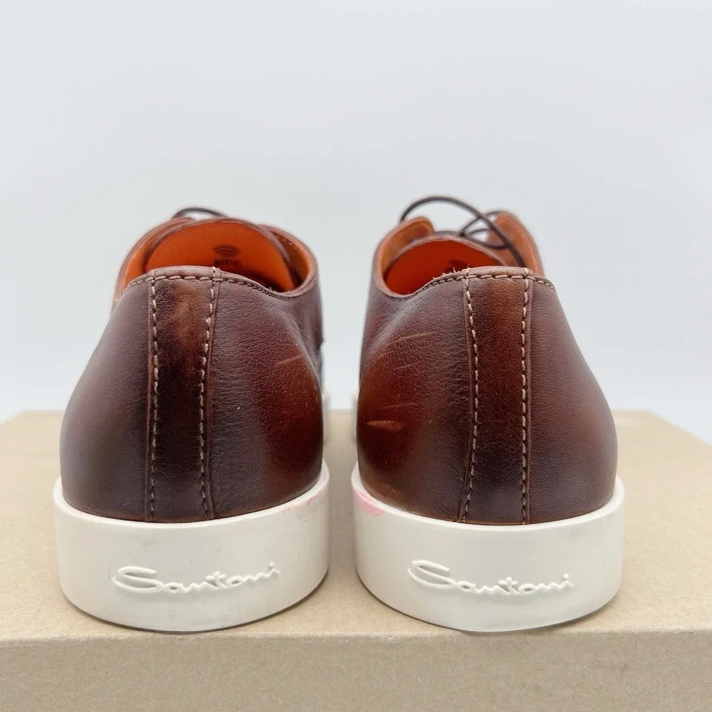 Santoni Atlantis Lace Up Plain Toe Dress Sneakers Shoes Dark Brown Leather US 8